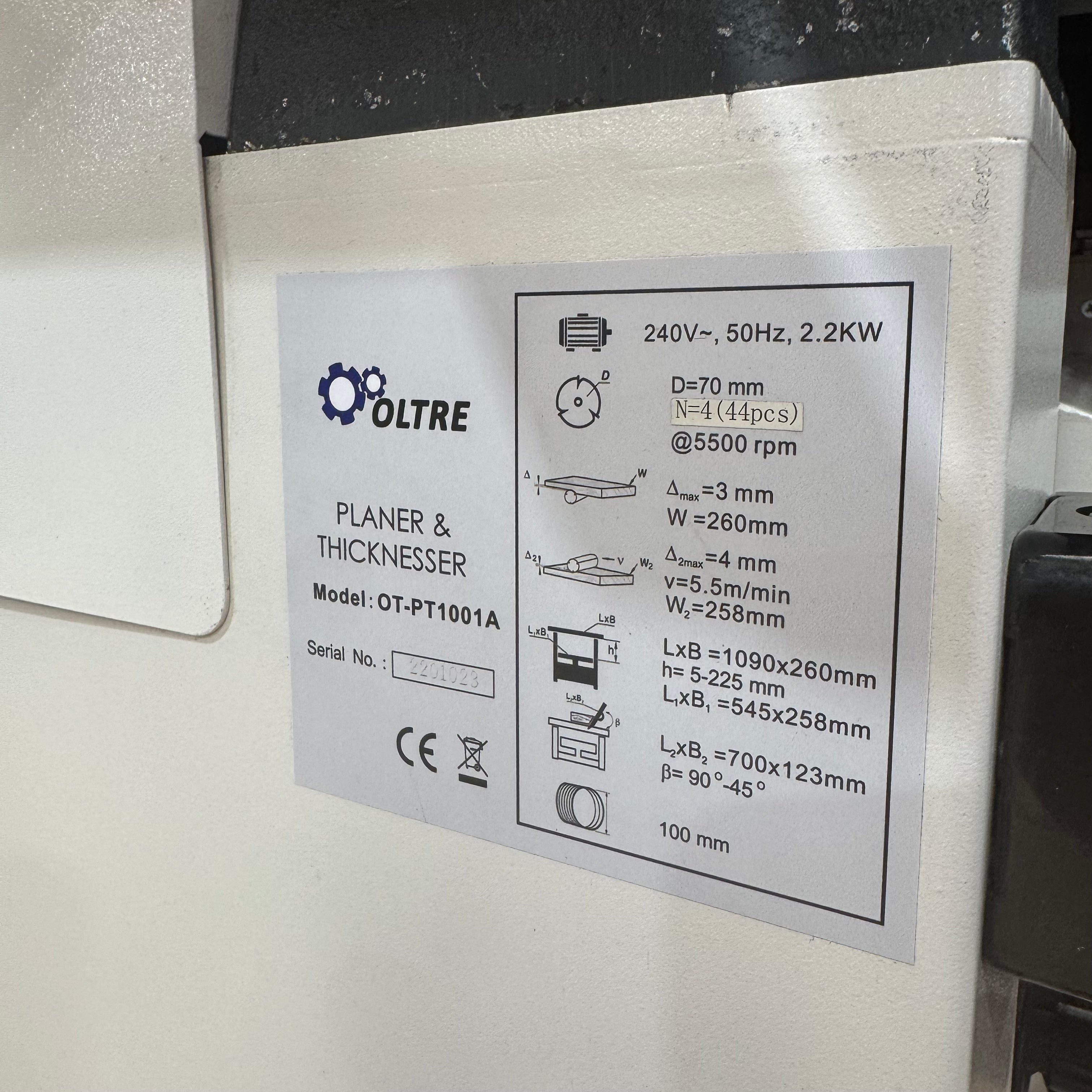 Oltre 260mm (10") Combination Planer & Thicknesser with Spiral Head Cutter Block 3HP 240V OT-PT1001A