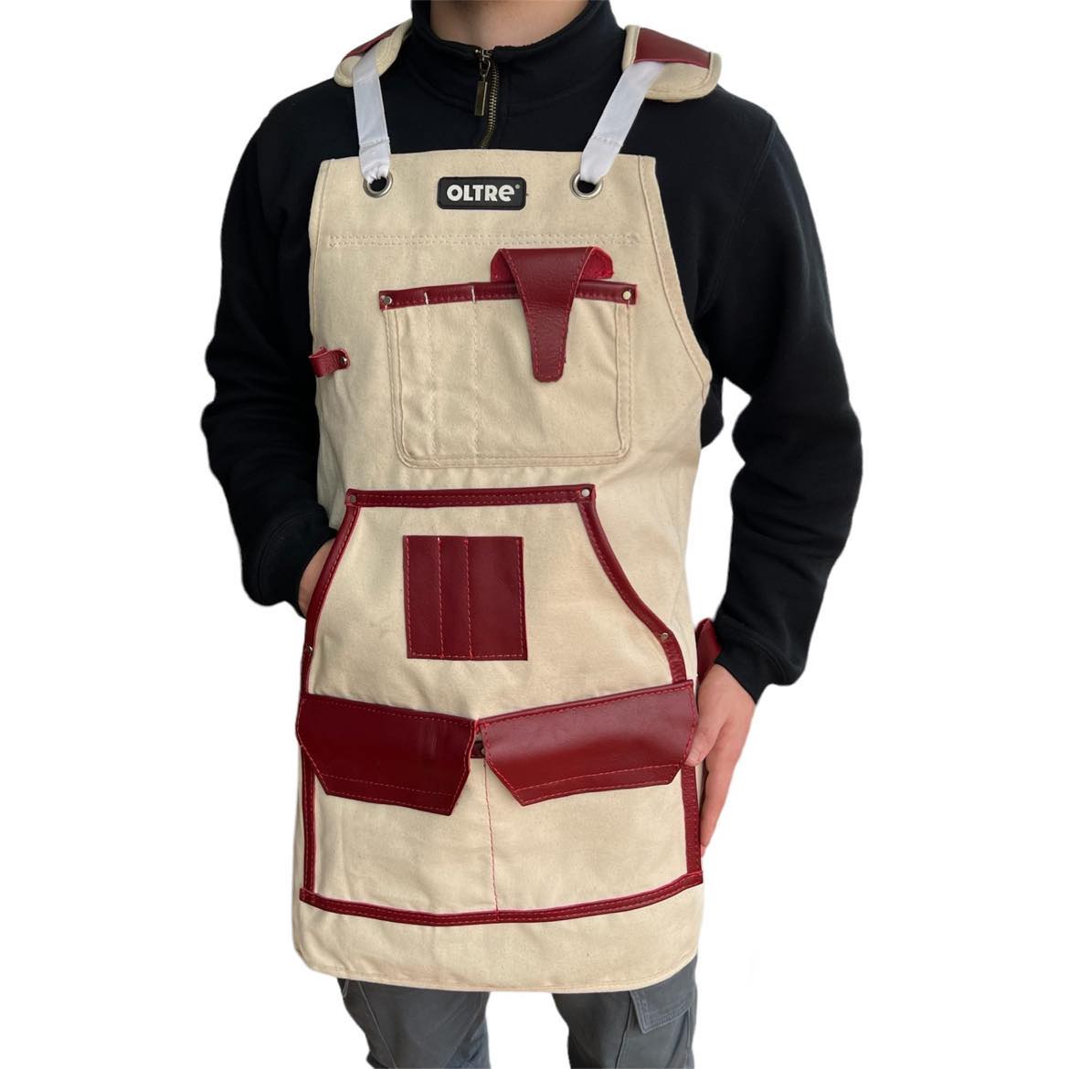 White Canvas With Red Leather Apron By Oltre