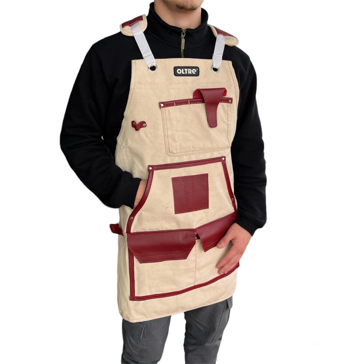 White Canvas With Red Leather Apron By Oltre *New Arrival*